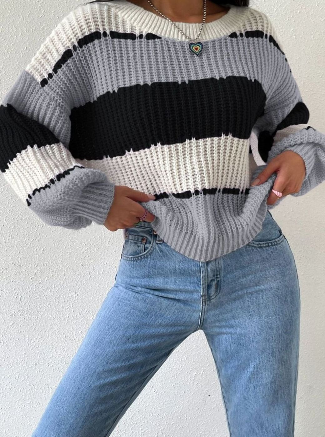 Women's Striped Knit Relaxed-Fit Crewneck Pullover Sweater - Black