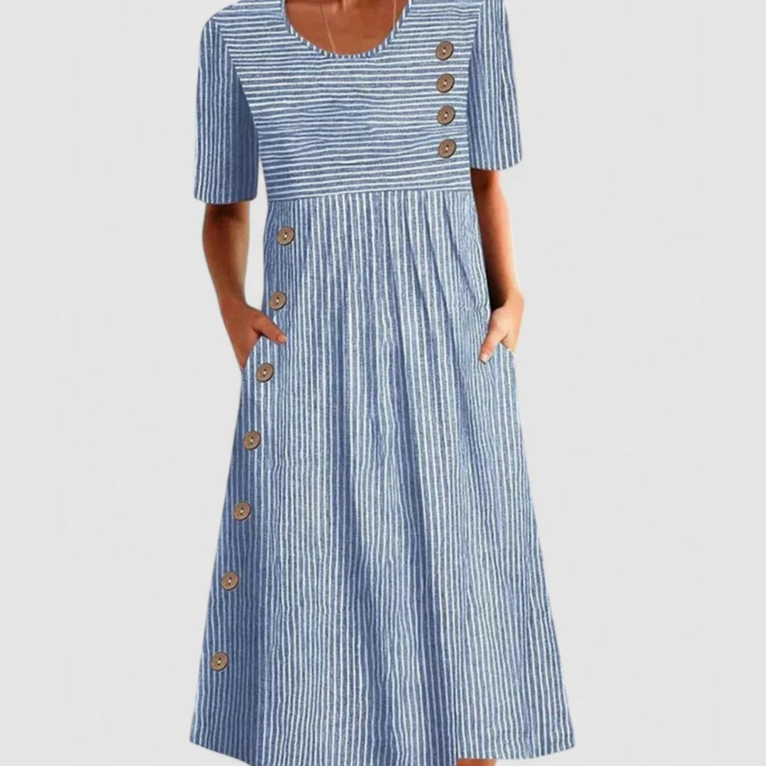 Women's Striped Midi Occasion Dress A-Line Short Sleeve Pockets - Blue