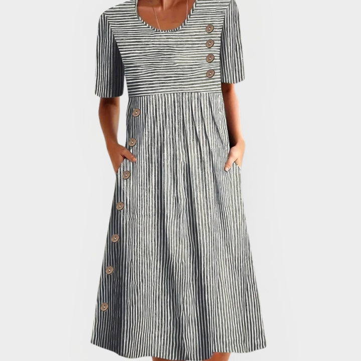 Women's Striped Midi Occasion Dress A-Line Short Sleeve Pockets - Gray