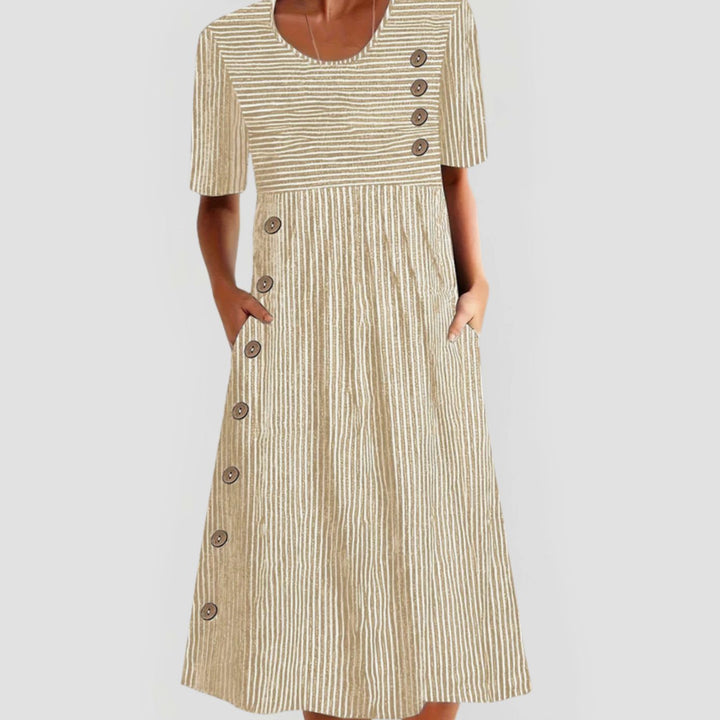 Women's Striped Midi Occasion Dress A-Line Short Sleeve Pockets - Beige