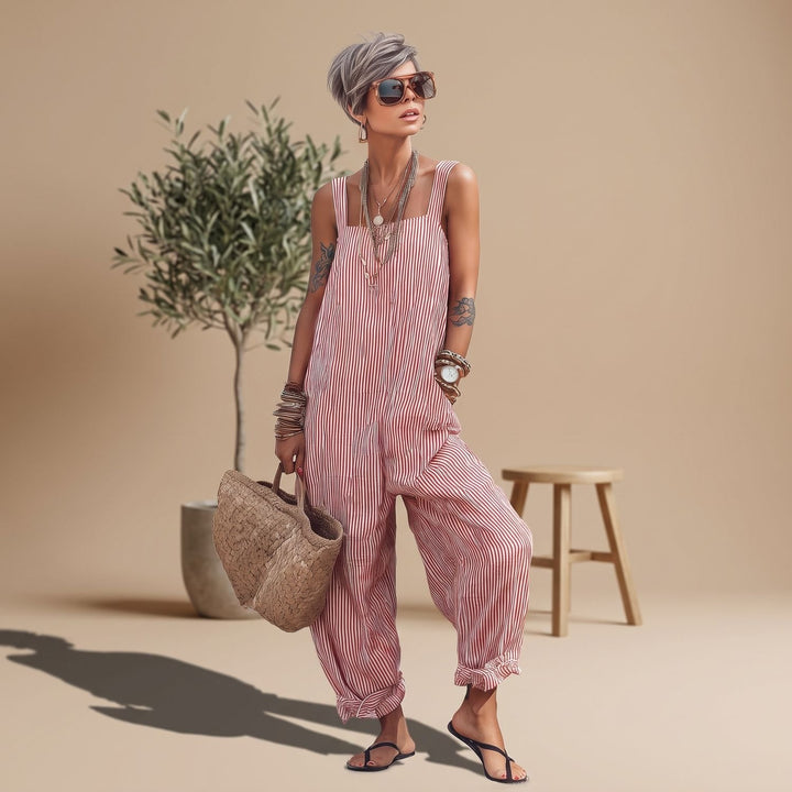 Women's Striped Square-Neck Sleeveless Relaxed-Fit Jumpsuit - Red