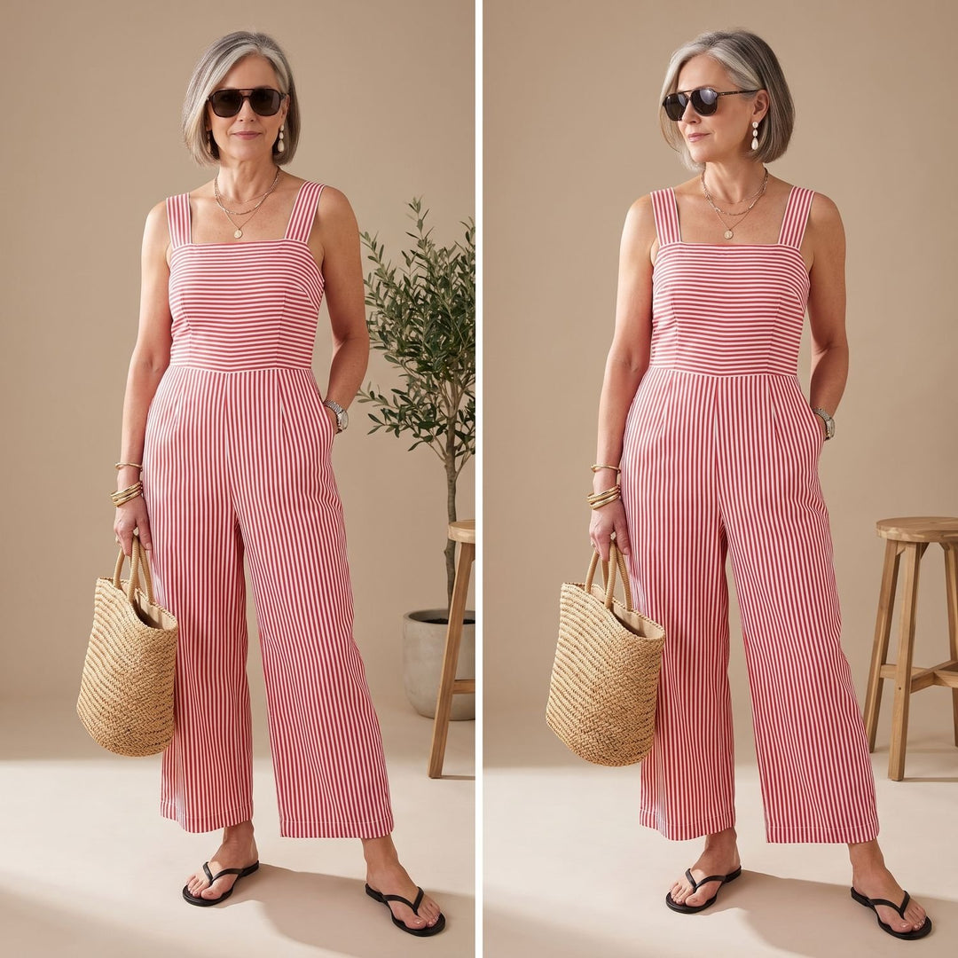 Women's Striped Square-Neck Sleeveless Relaxed-Fit Jumpsuit