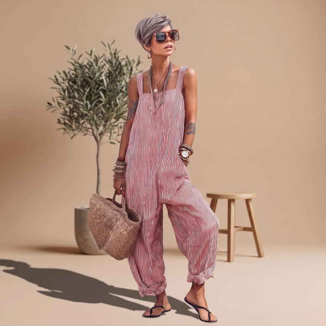 Women's Striped Square-Neck Sleeveless Relaxed-Fit Jumpsuit