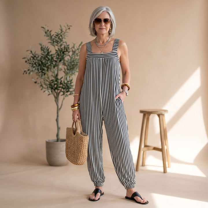Women's Striped Square-Neck Sleeveless Relaxed-Fit Jumpsuit - Black
