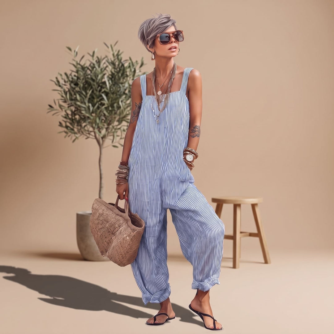 Women's Striped Square-Neck Sleeveless Relaxed-Fit Jumpsuit - Blue