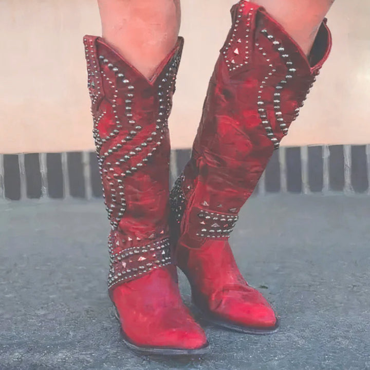 Women's Studded Knee-High Chunky Heel Cowboy Boots - Red