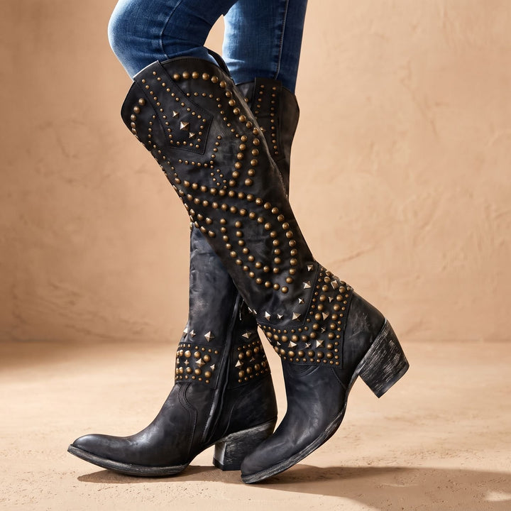 Women's Studded Knee High Cowboy Boots Pointed Toe Block Heel - Black