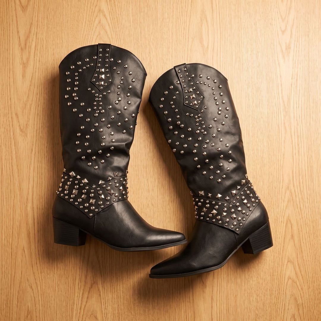 Women's Studded Knee High Cowboy Boots Pointed Toe Block Heel