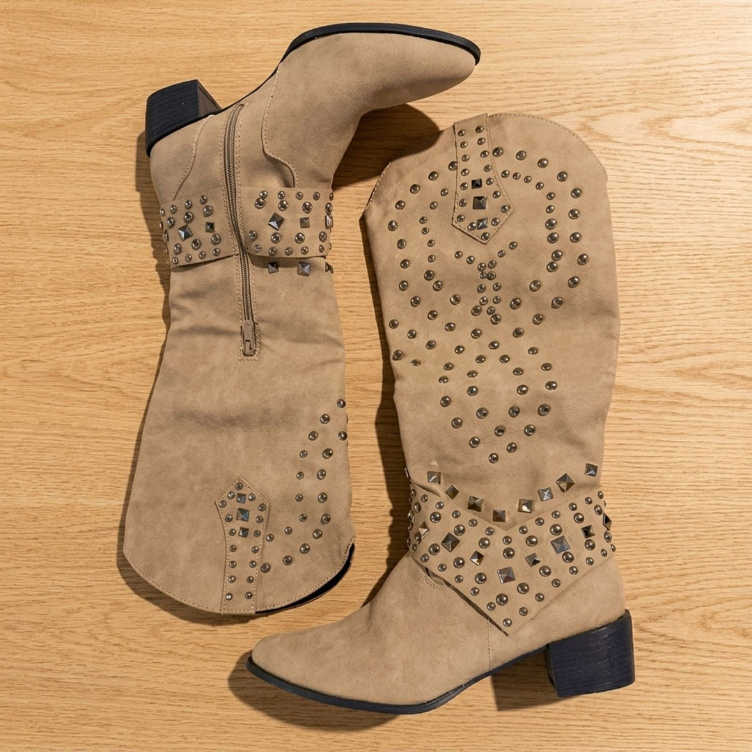 Women's Studded Knee High Cowboy Boots Pointed Toe Block Heel - Beige