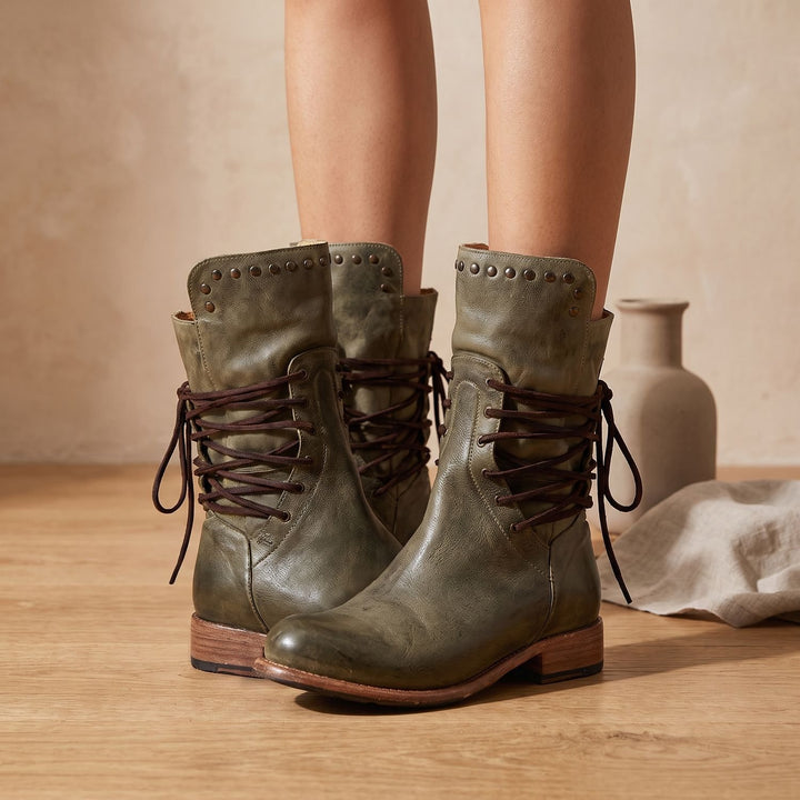 Women's Studded Lace-Up Mid-Calf Ankle Boots Low Heel