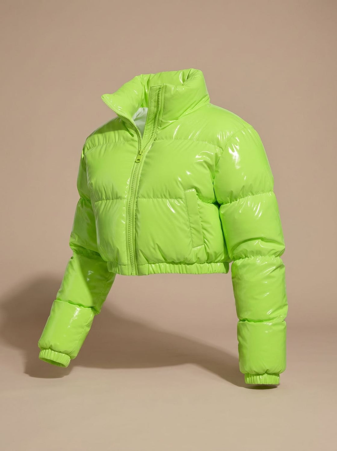 Women's Stylish Cropped Glossy Zip-Up Puffer Jacket - Neon Green