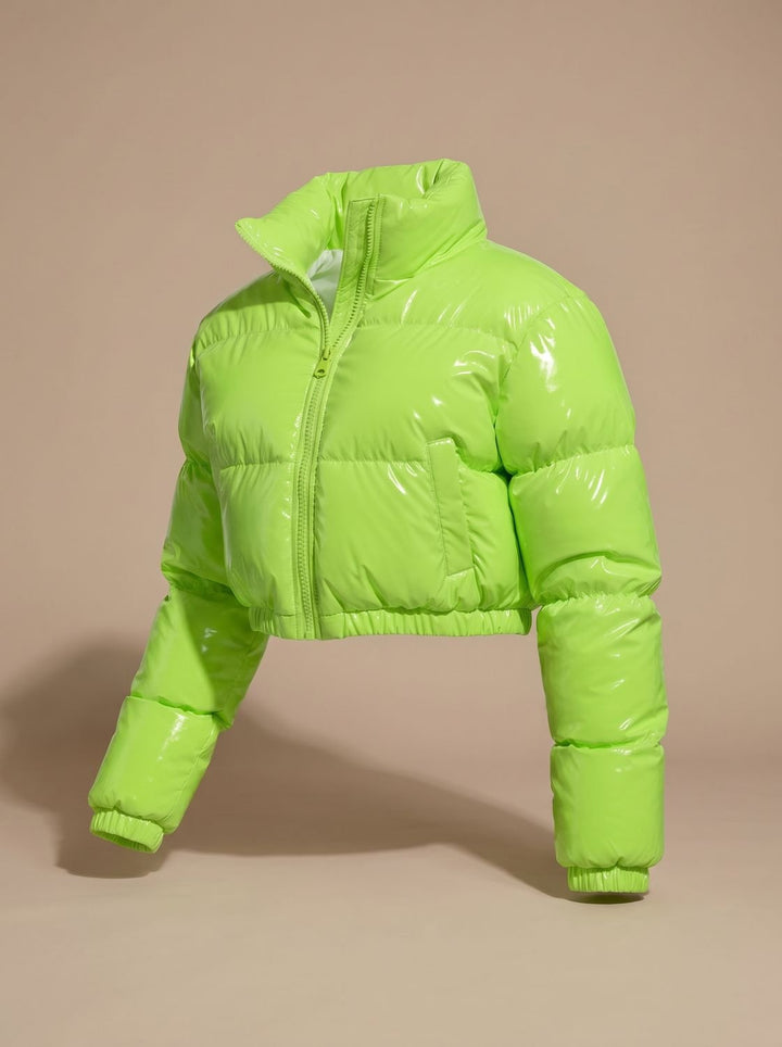 Women's Stylish Cropped Glossy Zip-Up Puffer Jacket - Neon Green