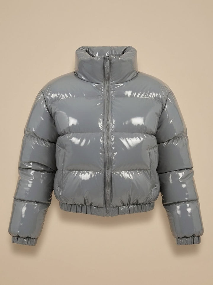 Women's Stylish Cropped Glossy Zip-Up Puffer Jacket - Grey