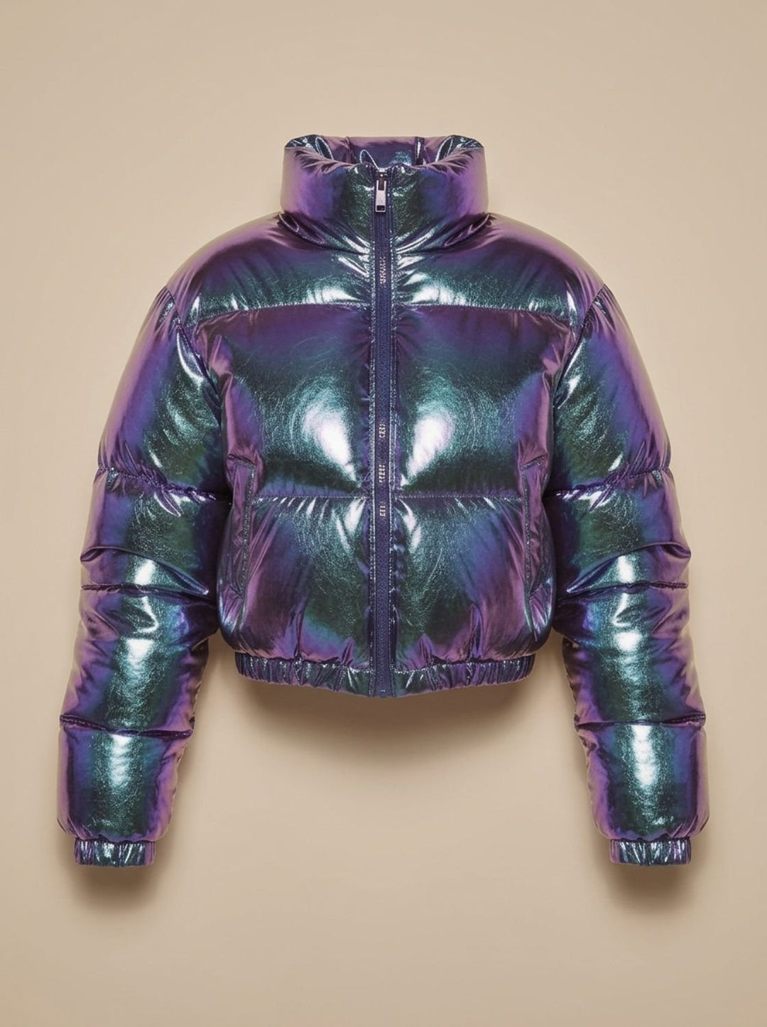 Women's Stylish Cropped Glossy Zip-Up Puffer Jacket - Metallic