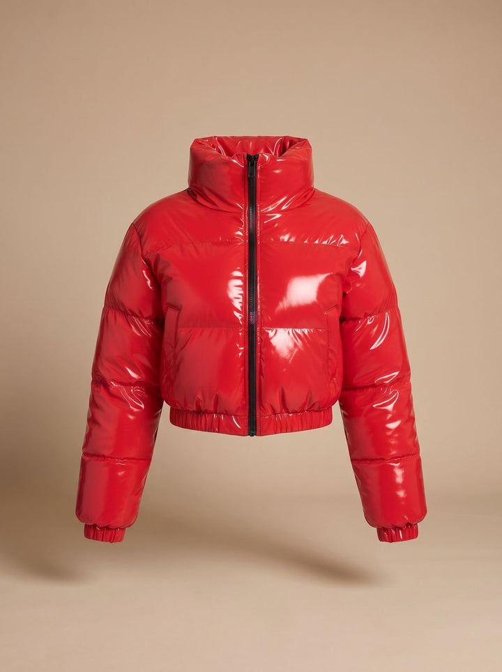 Women's Stylish Cropped Glossy Zip-Up Puffer Jacket - Red