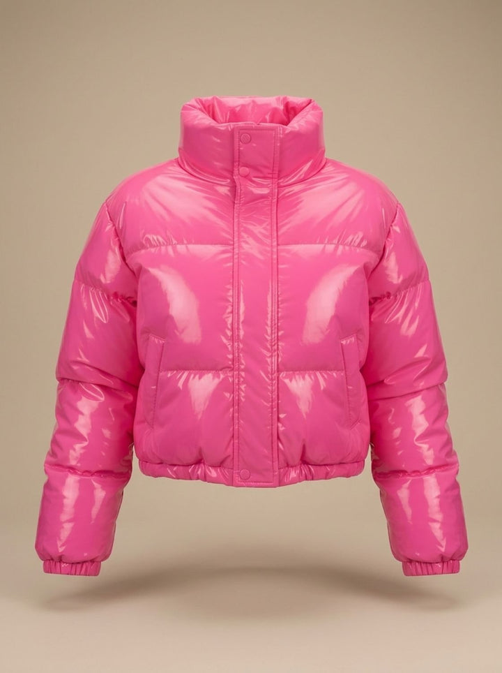 Women's Stylish Cropped Glossy Zip-Up Puffer Jacket - Pink