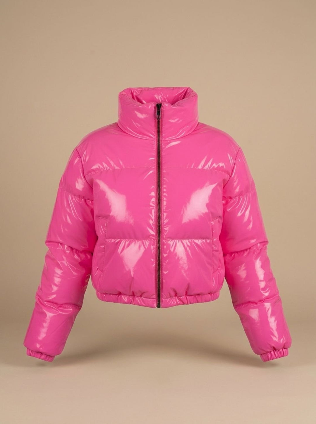 Women's Stylish Cropped Glossy Zip-Up Puffer Jacket - Pink