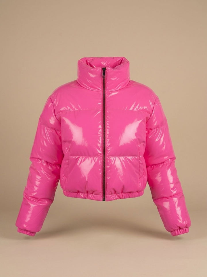 Women's Stylish Cropped Glossy Zip-Up Puffer Jacket - Pink