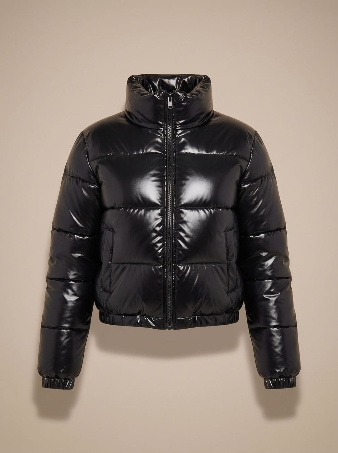 Women's Stylish Cropped Glossy Zip-Up Puffer Jacket - Black