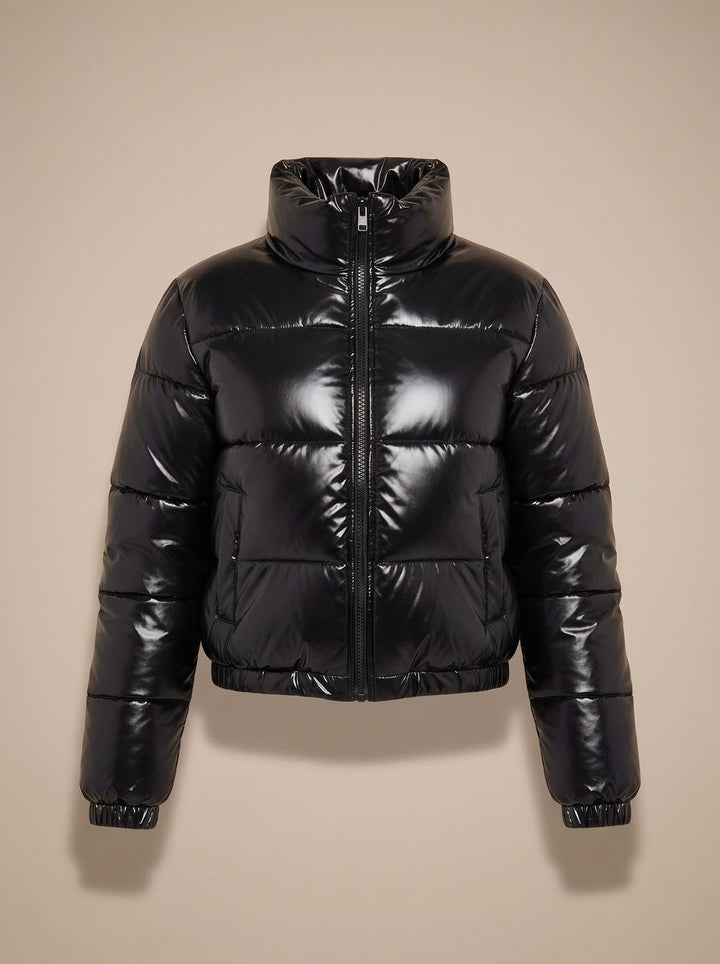 Women's Stylish Cropped Glossy Zip-Up Puffer Jacket - Black