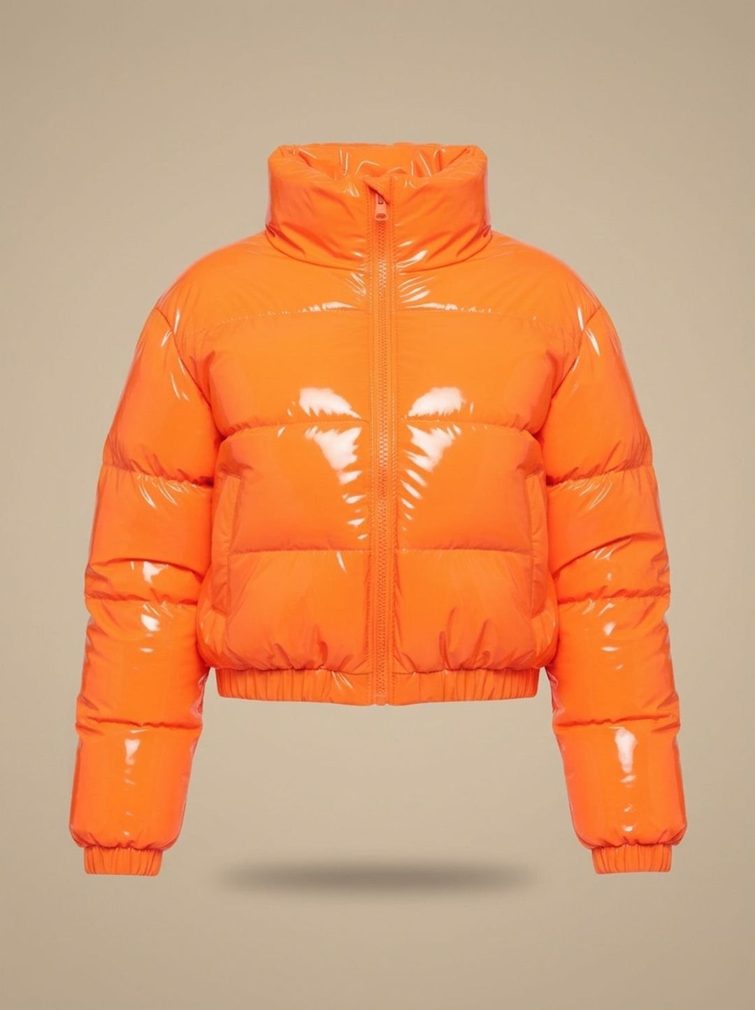 Women's Stylish Cropped Glossy Zip-Up Puffer Jacket - Orange