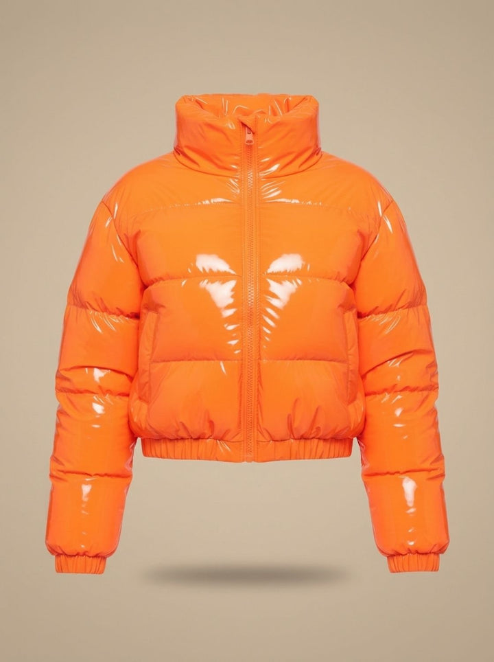 Women's Stylish Cropped Glossy Zip-Up Puffer Jacket - Orange