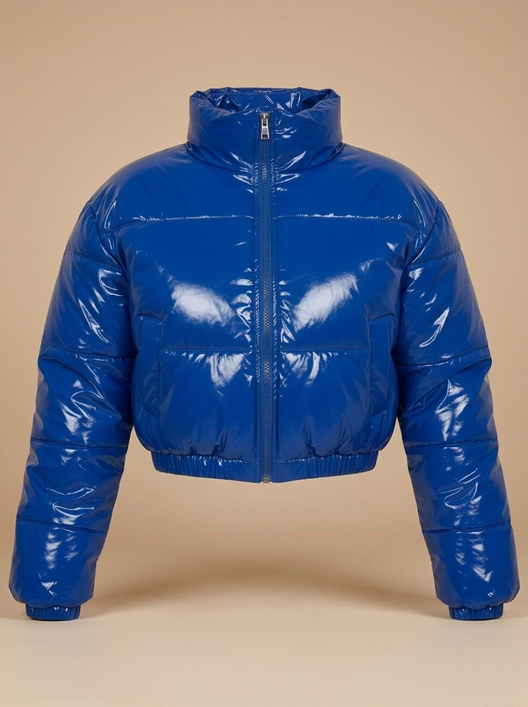 Women's Stylish Cropped Glossy Zip-Up Puffer Jacket - Blue