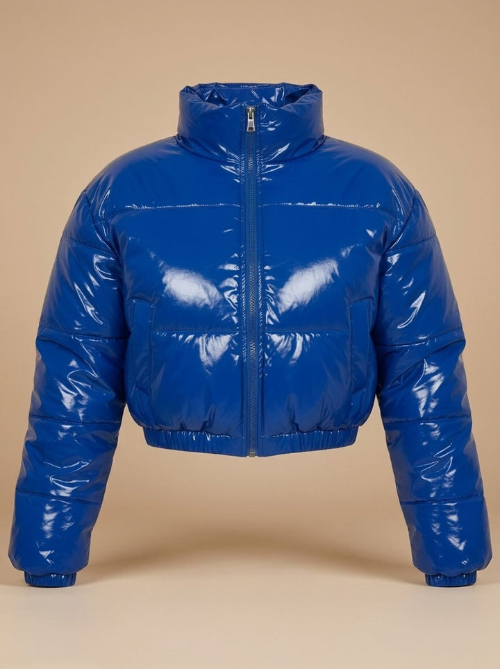 Women's Stylish Cropped Glossy Zip-Up Puffer Jacket - Blue