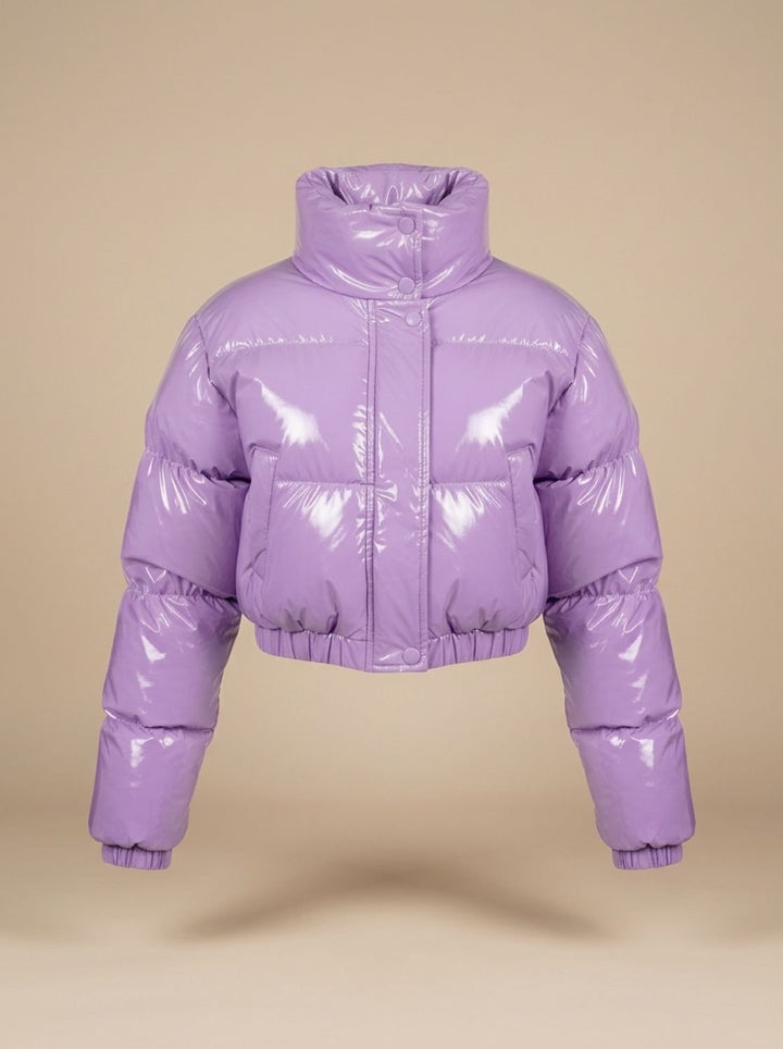 Women's Stylish Cropped Glossy Zip-Up Puffer Jacket - Lilac