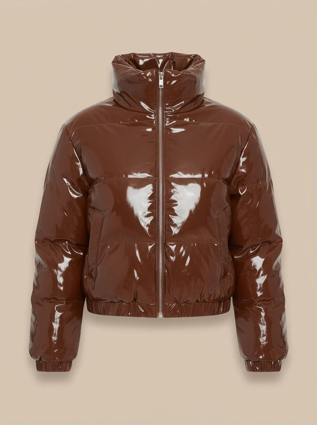 Women's Stylish Cropped Glossy Zip-Up Puffer Jacket - Brown