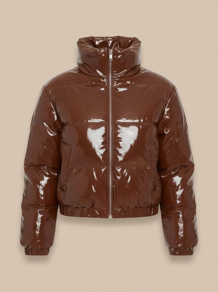 Women's Stylish Cropped Glossy Zip-Up Puffer Jacket - Brown