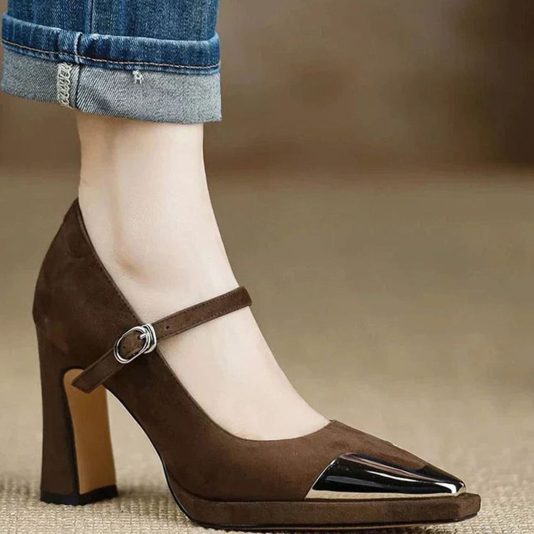 Women's Suede Block-Heel Mary Jane Shoes Pointed-Toe Buckle Strap - Brown