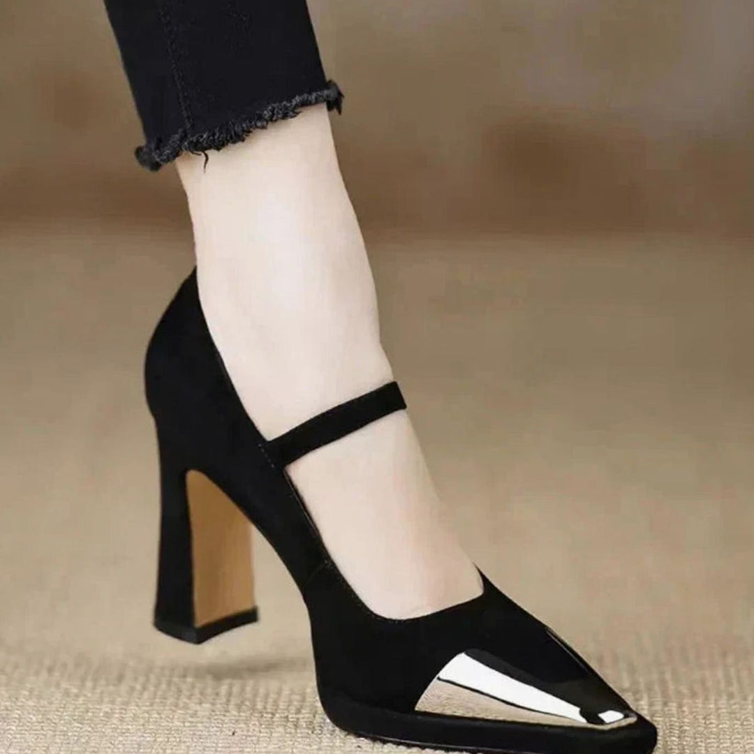 Women's Suede Block-Heel Mary Jane Shoes Pointed-Toe Buckle Strap - Black