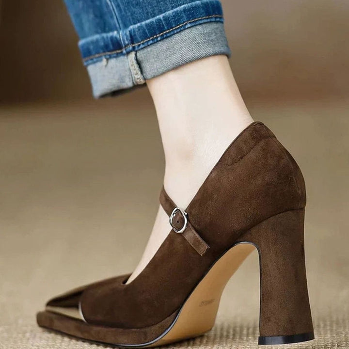 Women's Suede Block-Heel Mary Jane Shoes Pointed-Toe Buckle Strap