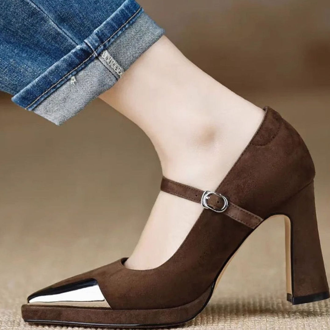 Women's Suede Block-Heel Mary Jane Shoes Pointed-Toe Buckle Strap