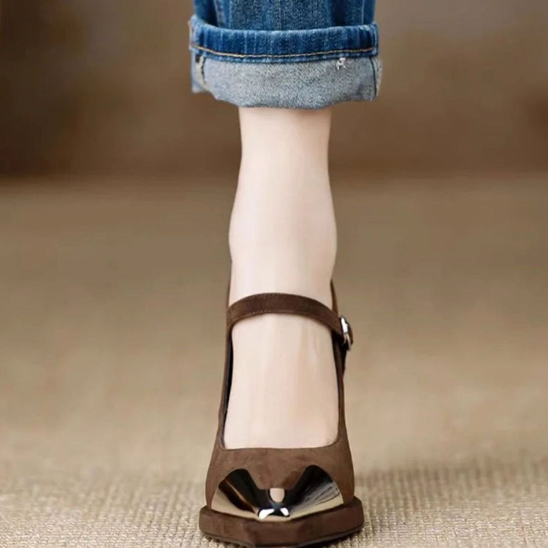 Women's Suede Block-Heel Mary Jane Shoes Pointed-Toe Buckle Strap