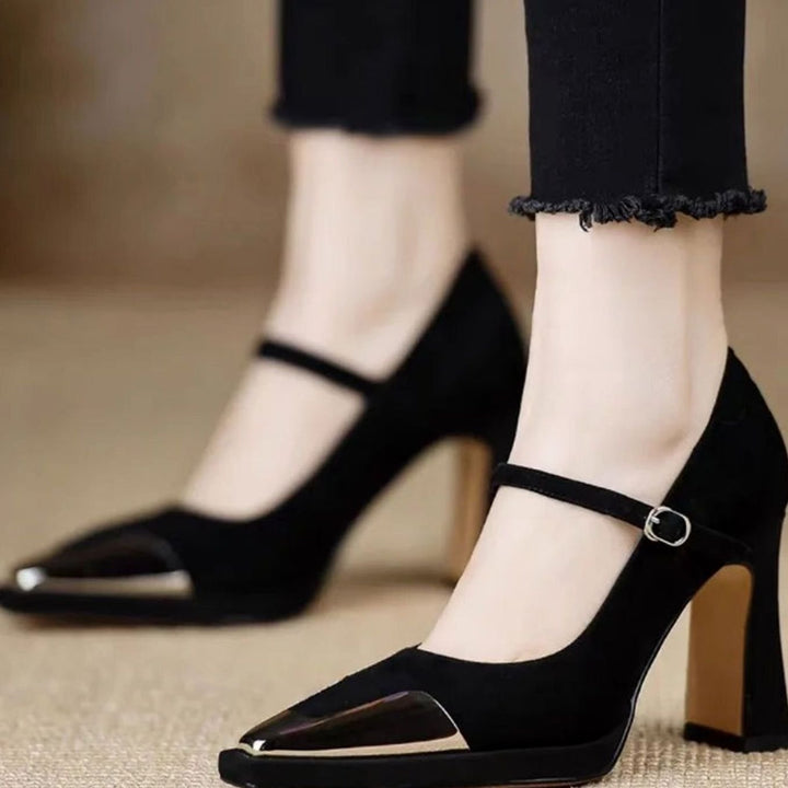 Women's Suede Block-Heel Mary Jane Shoes Pointed-Toe Buckle Strap