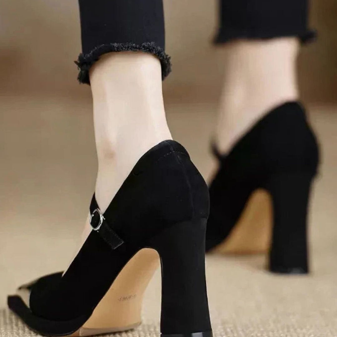 Women's Suede Block-Heel Mary Jane Shoes Pointed-Toe Buckle Strap