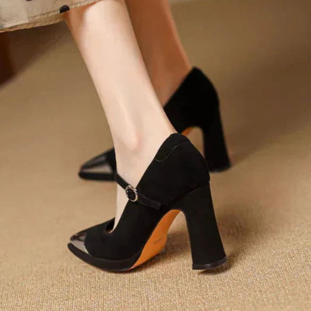 Women's Suede Block-Heel Mary Jane Shoes Pointed-Toe Buckle Strap