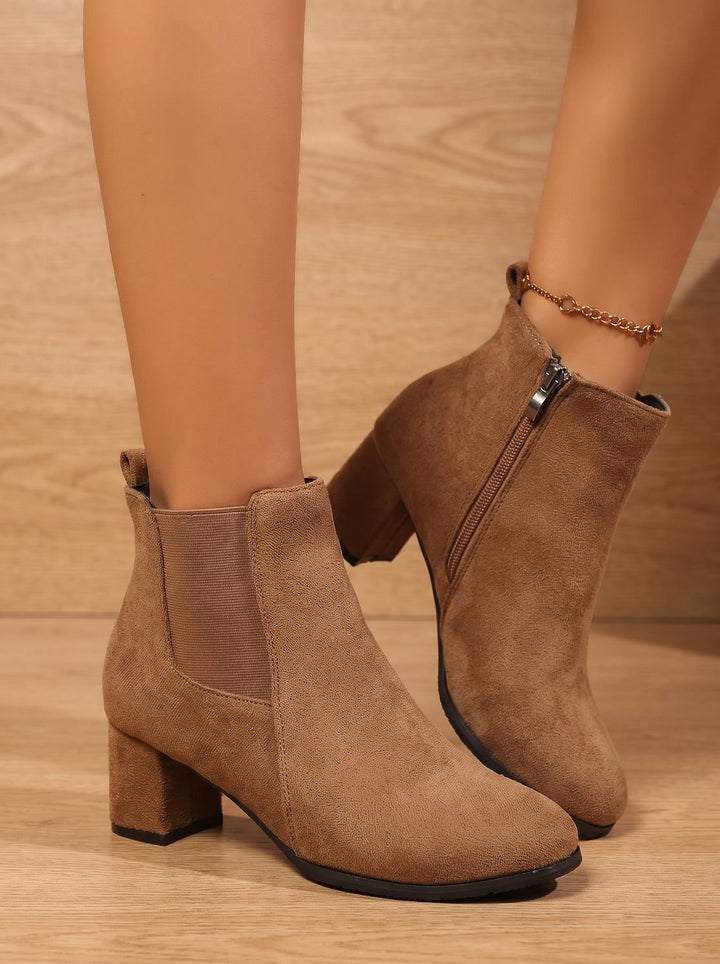 Women's Suede Block-Heel Side-Zip Ankle Boots, Tan Brown