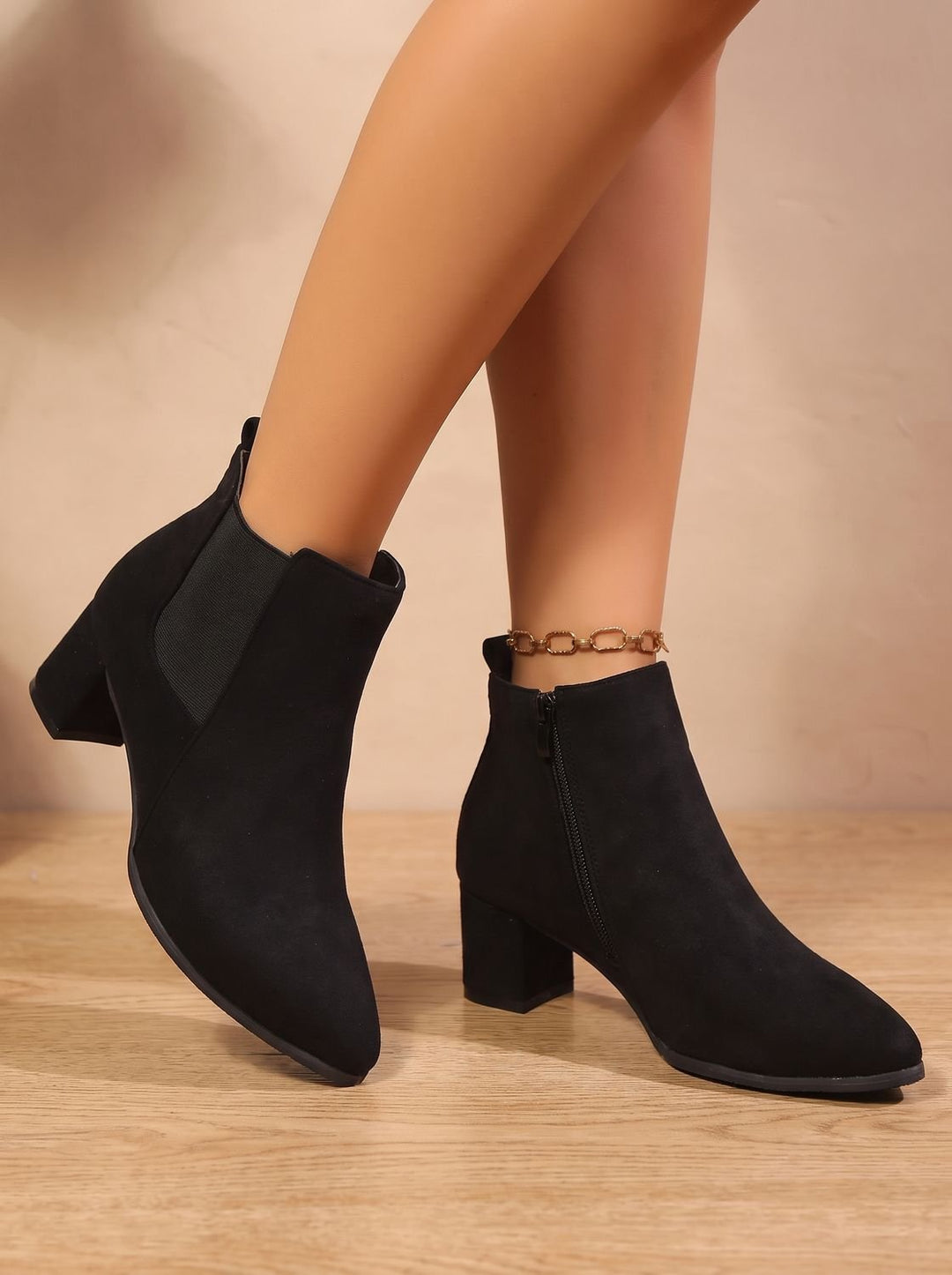 Women's Suede Block-Heel Side-Zip Ankle Boots, Tan Brown - Black