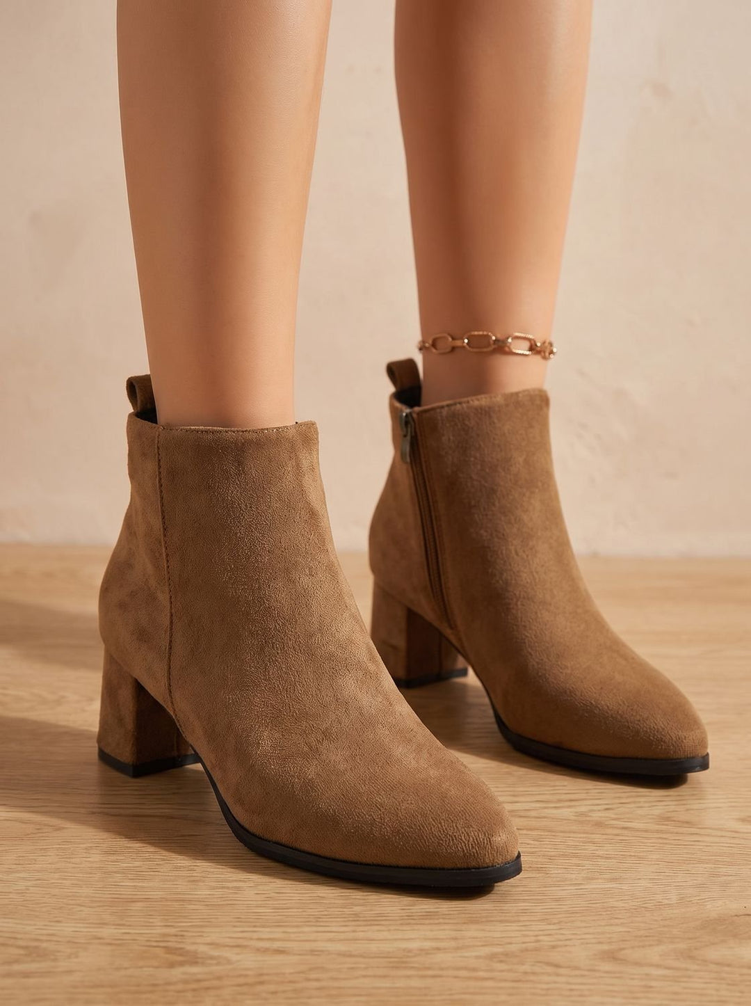 Women's Suede Block-Heel Side-Zip Ankle Boots, Tan Brown - Brown