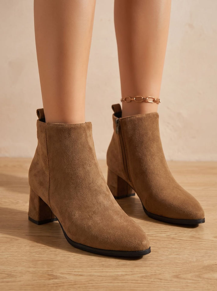 Women's Suede Block-Heel Side-Zip Ankle Boots, Tan Brown - Brown