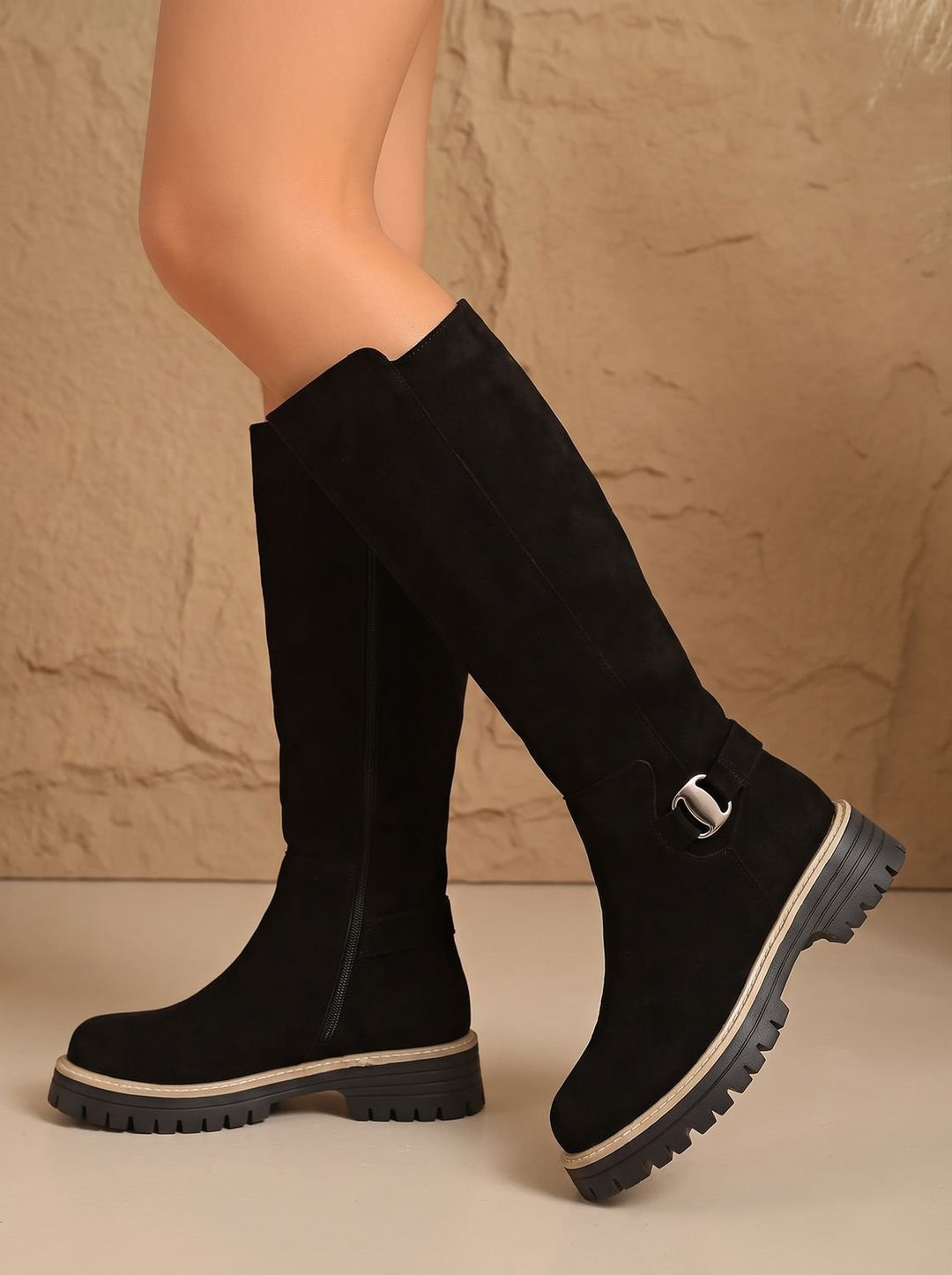 Women's Suede Buckle-Accent Side-Zip Knee High Boots - Black