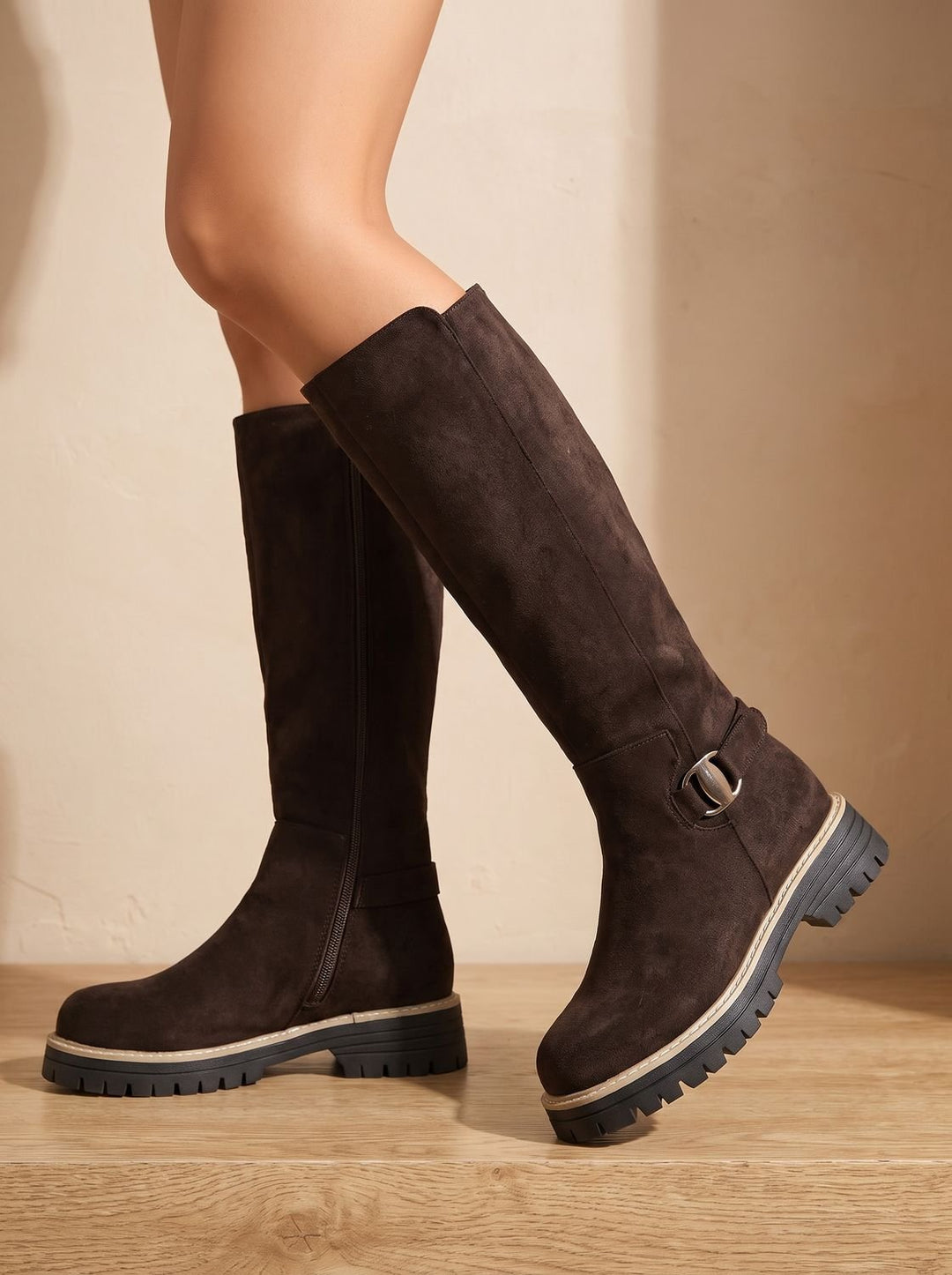 Women's Suede Buckle-Accent Side-Zip Knee High Boots