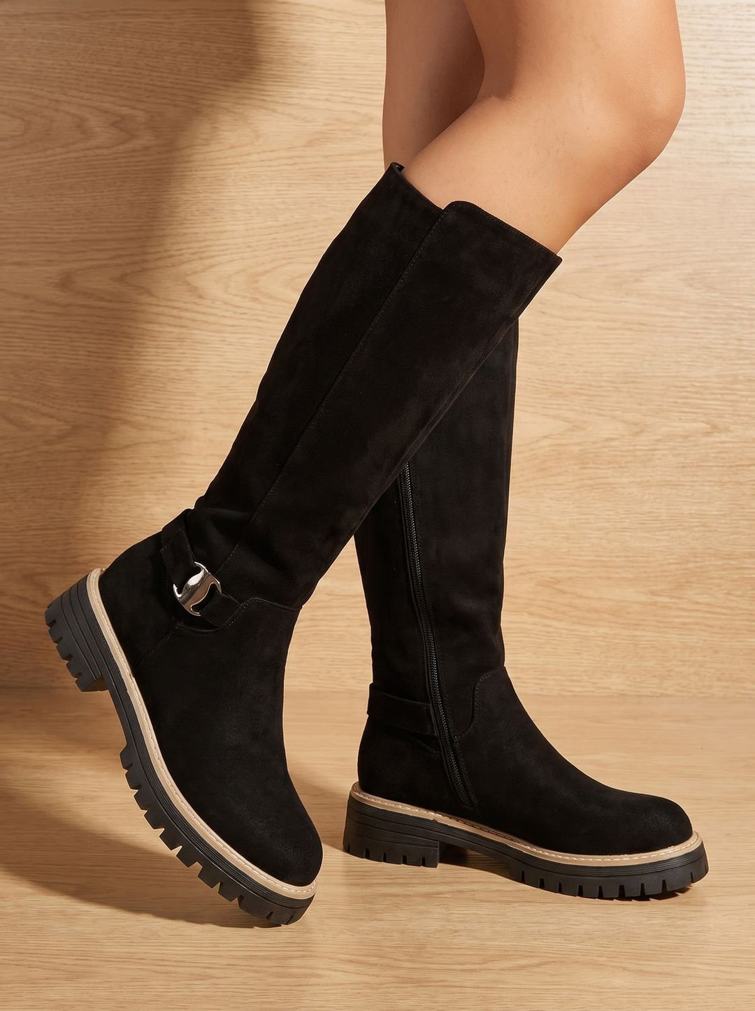 Women's Suede Buckle-Accent Side-Zip Knee High Boots