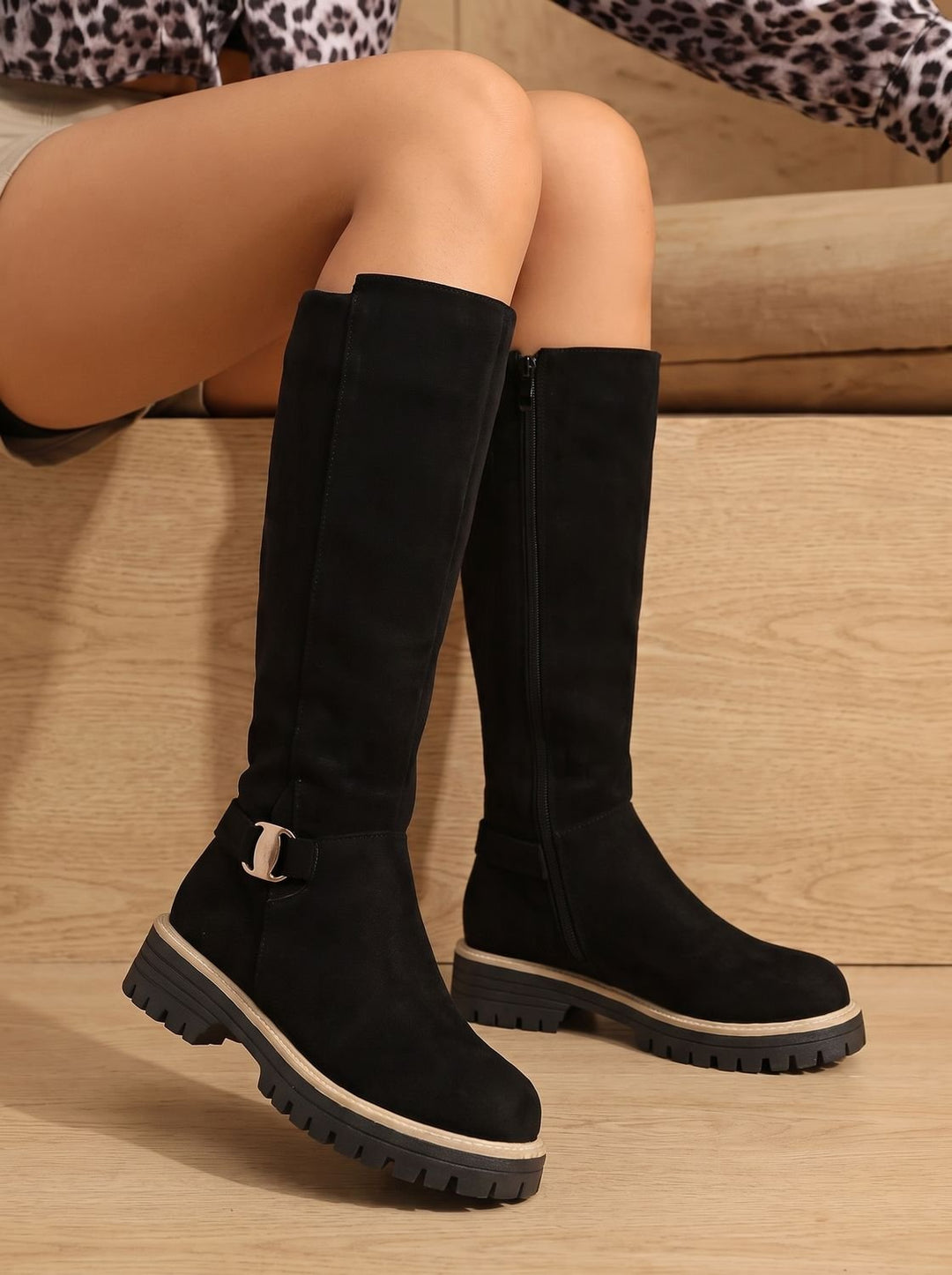 Women's Suede Buckle-Accent Side-Zip Knee High Boots