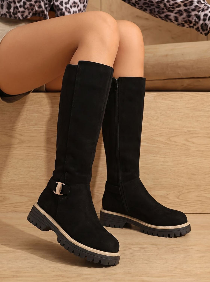 Women's Suede Buckle-Accent Side-Zip Knee High Boots