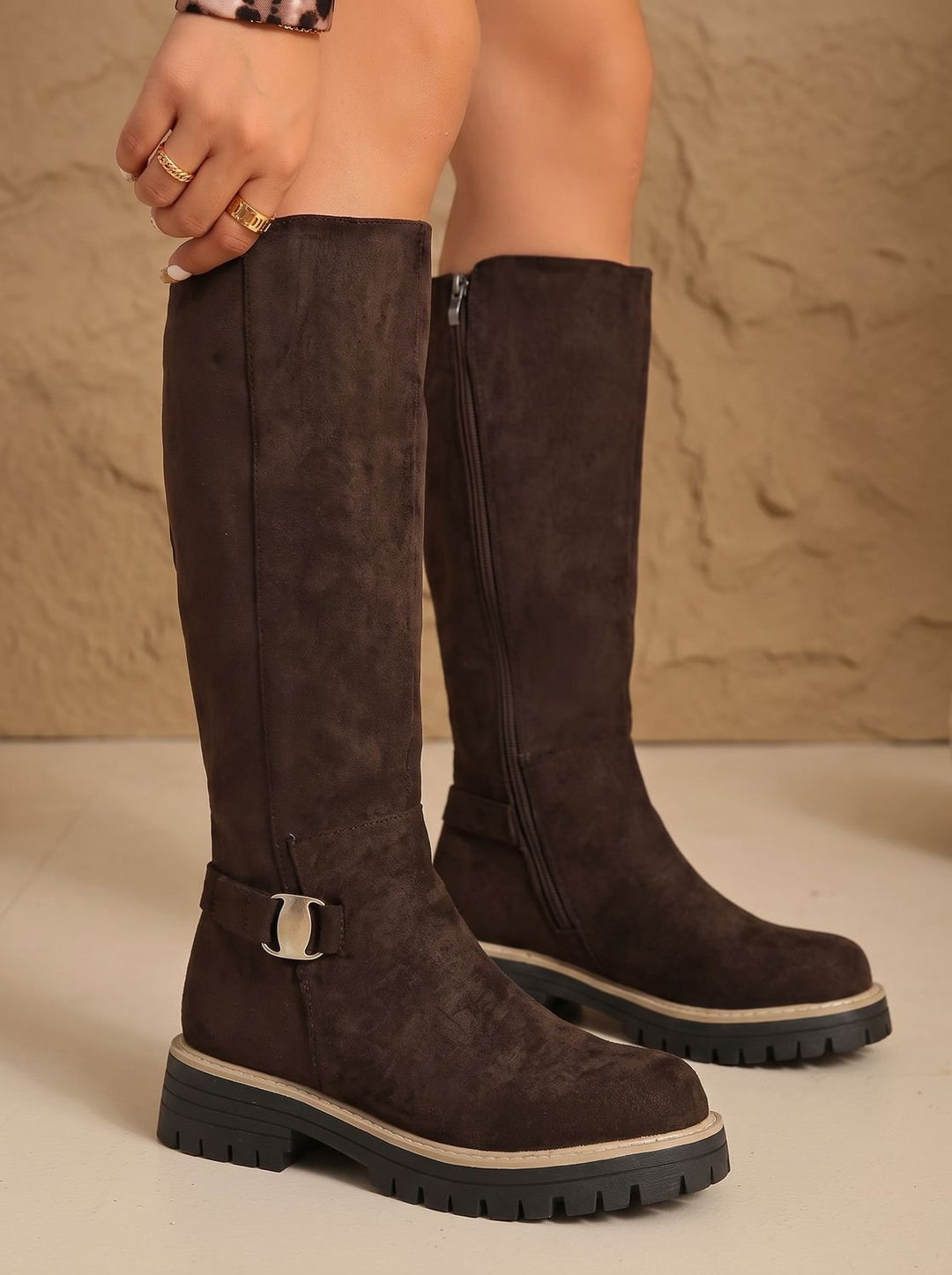 Women's Suede Buckle-Accent Side-Zip Knee High Boots - Brown