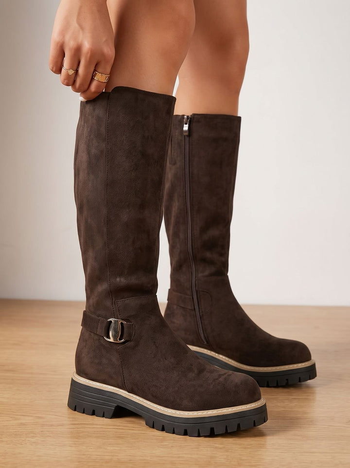 Women's Suede Buckle-Accent Side-Zip Knee High Boots